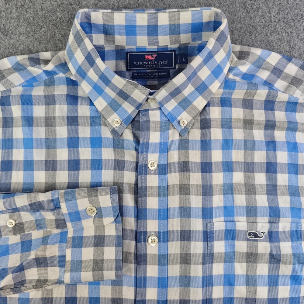Vineyard Vines Slim Fit Tucker Shirt Mens Large Blue Grey Gingham Button Down